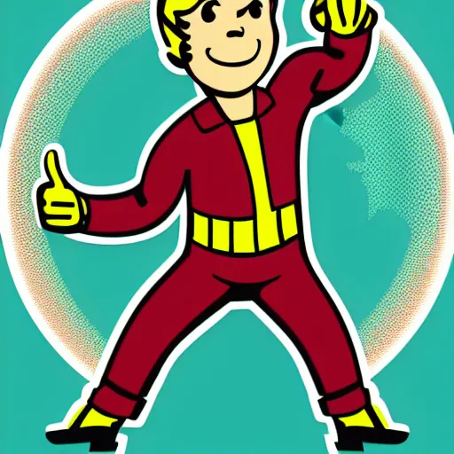 Prompt: vault boy from fallout showing thumb up, futurist illustration art by butcher billy, sticker, colorful, illustration, highly detailed, simple, smooth and clean vector curves, no jagged lines, vector art, smooth andy warhol style