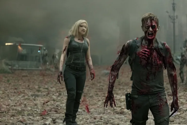 Prompt: film still of zombie zombie Hawkeye as a zombie in new avengers movie, 4k