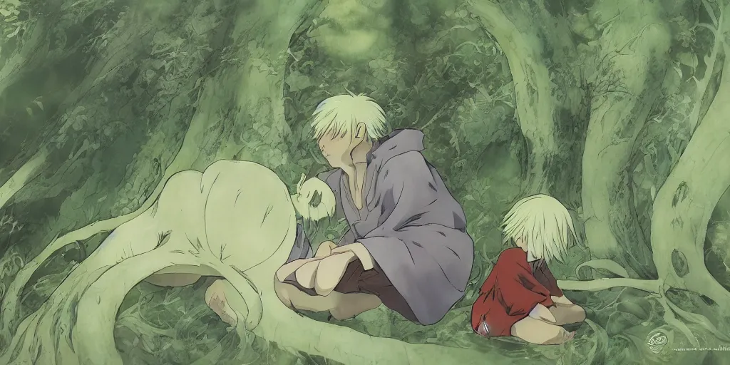 Image similar to ginko showing a new mushi, mushishi by studio ghibli wallpaper splash art promo art