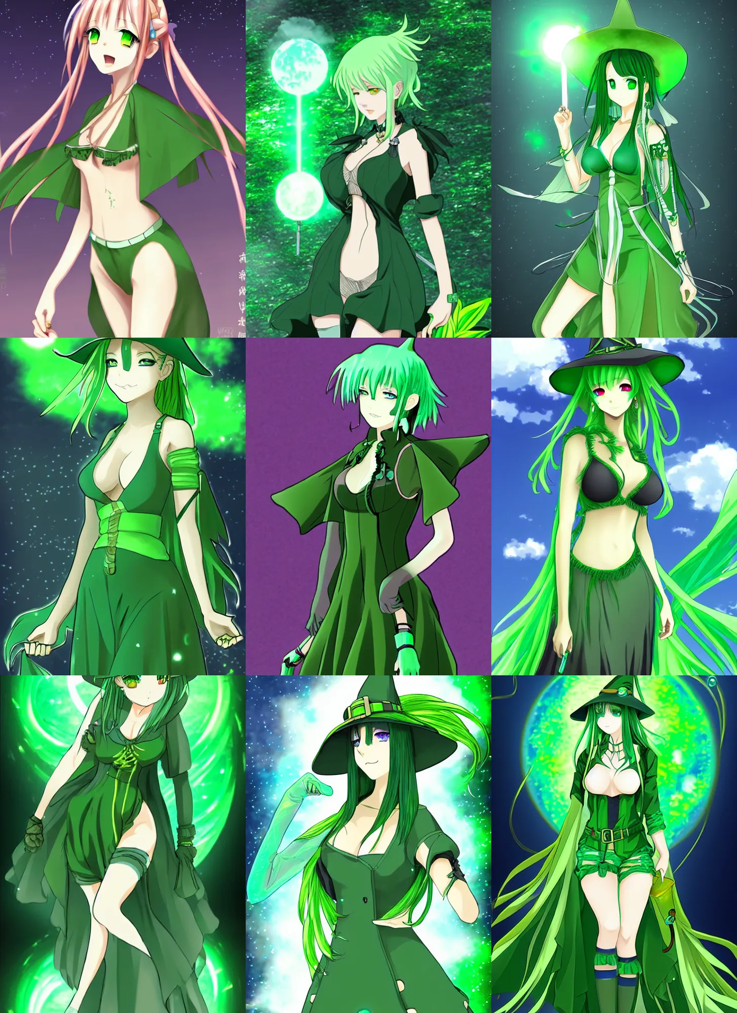 Image similar to a attractive solarpunk anime green witch. ultra clear detailed.