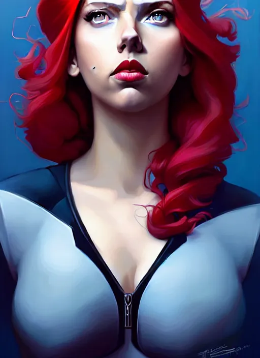 Image similar to peter mohrbacher, phil noto, artgerm, pretty scarlett johansson black widow, symmetrical eyes, long red hair, full body, city rooftop
