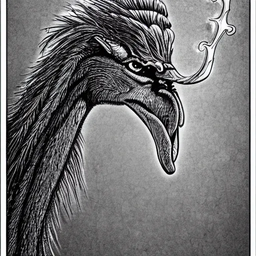 Image similar to a demonic ostrich,extremely detailed multiple unique different art styles.