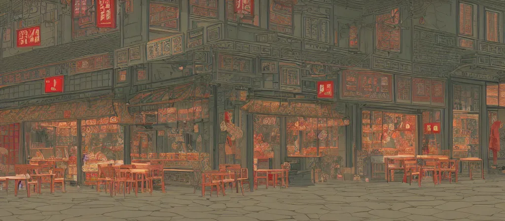 Image similar to a beautiful hyperdetailed render of roasted string hotpot restaurant restaurant yan'an small shop, simple style, from china, with merchant logo, simple structure, surrealistic, chinese style, victo ngai, james jean, denoise, deblurring