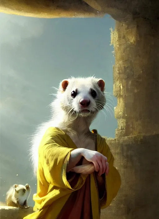 Image similar to a beautiful close - up shot from a fantasy film of an anthropomorphic ferret with bright golden eyes wearing a loose tunic. joseph ducreux, greg rutkowski.