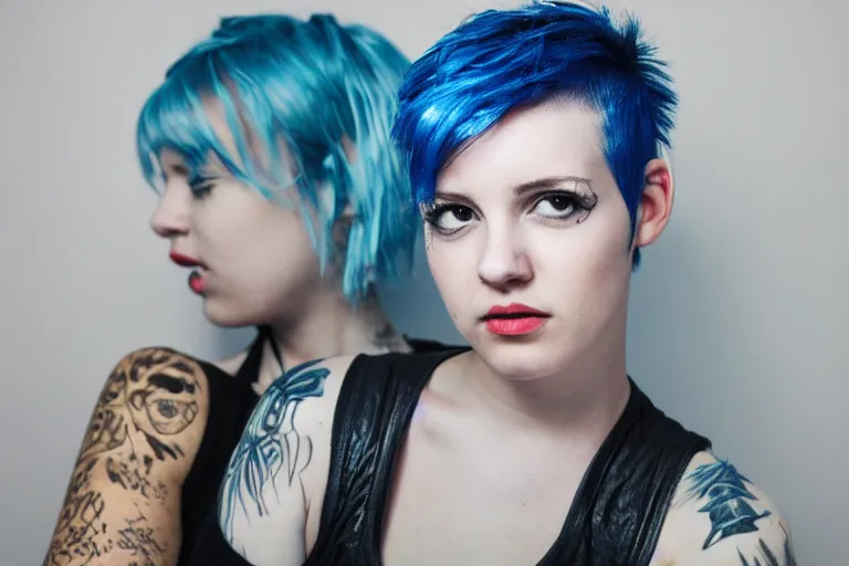 Image similar to photo of young cute punk woman with blue pixie cut posing, hyper detailed