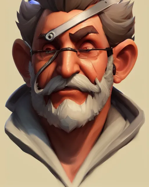 Image similar to overwatch concept art character portrait of a new character who is an elderly man with a scarred face and long mustache and eyepatch, trending on artstation, cgsociety,