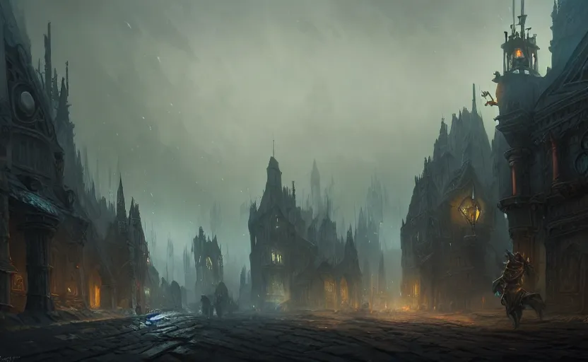 Image similar to extreme long shot concept art depicted old english majestic town, dramatic mood, overcast mood, dark fantasy environment, dieselpunk, art from legends of runeterra, art from league of legends, art from arcane, art by darek zabrocki, trending on artstation, unreal engine, golden ratio, spectacular composition