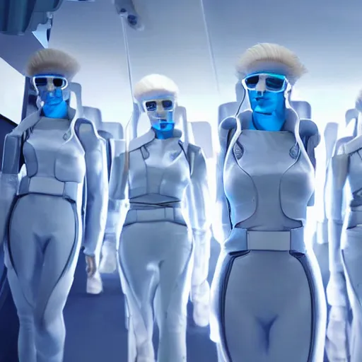 Image similar to troop of cloned women with white apache hairdos, white hair, tight light blue neopren suits, futuristic production facility, sci - fi, highly detailed, cinematic