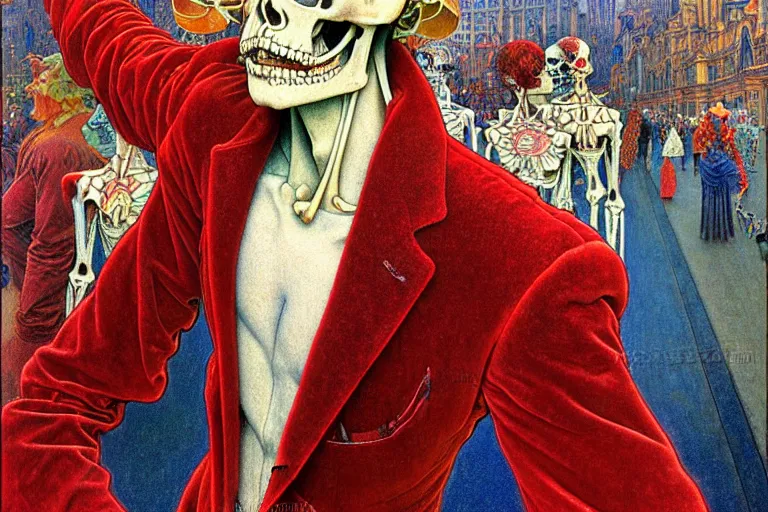 Image similar to realistic detailed closeup portrait painting of a single skeleton wearing red velvet blazer in a crowded futuristic moscow street by Jean Delville, Amano, Yves Tanguy, Alphonse Mucha, Ernst Haeckel, Edward Robert Hughes, Roger Dean, rich moody colours, blue eyes