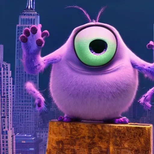 Prompt: Mike Wazowsvki but he has seven eyes, five ears, four noses and is destroying the empire state building