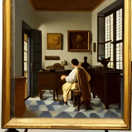 Image similar to An oil painting of a man sat at an escritoire desk with his hand touching an ammonite fossil, there is a window with muntins to his left and a wood closet behind him, in the style of The Astronomer by Vermeer, Dutch Golden Age, Old Masters