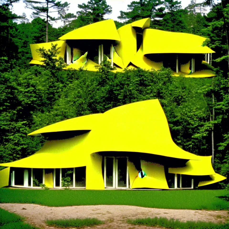 Image similar to a flat leveled house with big tiles in a forest, designed by Frank Gehry and more van der rohe. Film grain, cinematic, yellow hue