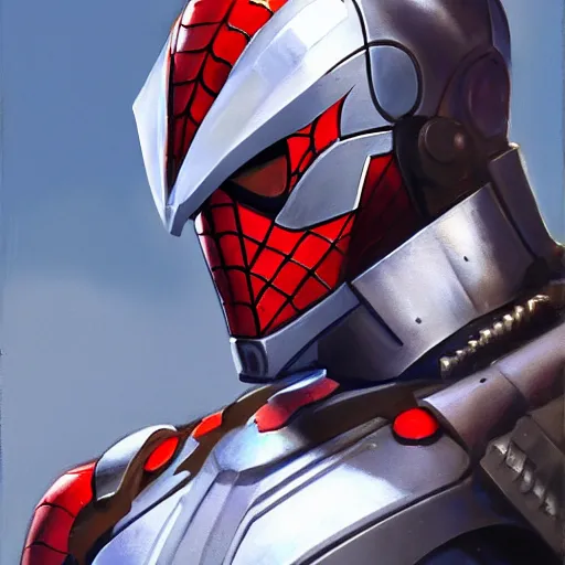 Image similar to greg manchess portrait painting of armored spiderman ultraman grey fox from metal gear cyborg japanese - american hybrid as overwatch character, medium shot, asymmetrical, profile picture, organic painting, sunny day, matte painting, bold shapes, hard edges, street art, trending on artstation, by huang guangjian and ail elvgren and sachin teng