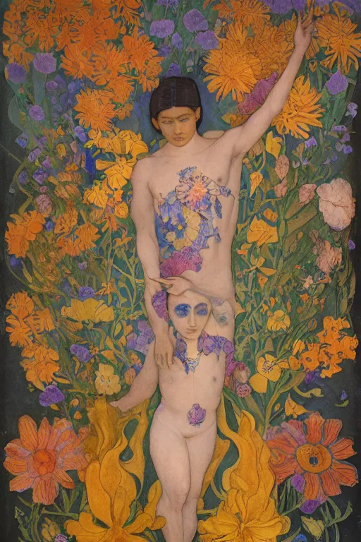 Image similar to the flower prince, by Annie Swynnerton and Nicholas Roerich and Diego Rivera, bioluminescent skin, floral tattoos, wings made out of flowers, elaborate costume, geometric ornament, symbolist, smooth, sharp focus, extremely detailed