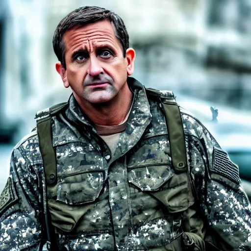 Prompt: steve carrel wearing military outfit and camouflage cinematic photoshoot high quality highly affordable photo realistic 8 k hd