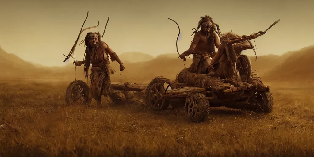 Image similar to photo of an ancient tribesman on ancient atv with wooden wheels, hunting buffalo ,attacking, chase, action scene, an epic fantasy, dramatic lighting, cinematic, establishing shot, extremely high detail, photorealistic, cinematic lighting, artstation, octane render, by simon stalenhag, horizon forbidden west,old photo, high speed photography, vintage