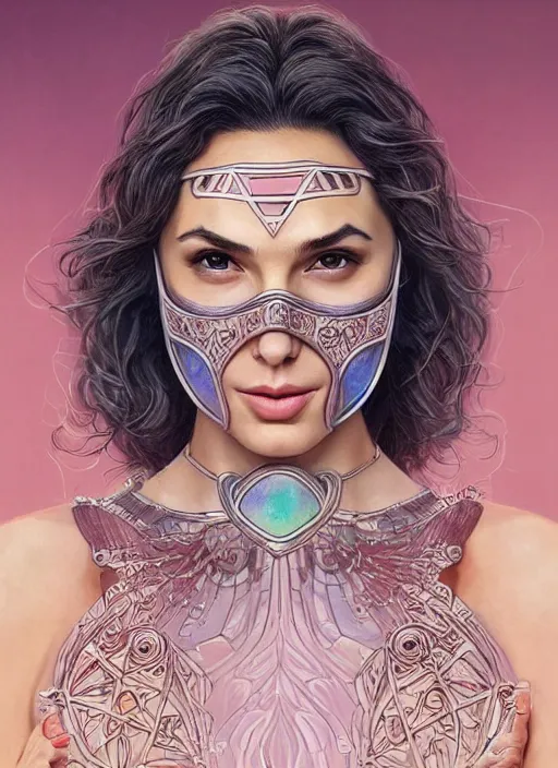 Image similar to “ gal gadot as adorable woman wear beautiful intricate mask, pastel color, iridescent, highly detailed, tarot card featured on artstation, cgsociety, artgerm, clear symmetrical face, by moebius, kelly mckernan, skeeva and tom bagshaw, 8 k, intricate details, fantasy, character design, concept art ”