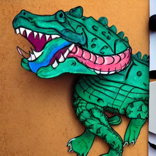 Prompt: detailed crocodile with a bear trap jaw as a colorful anime character