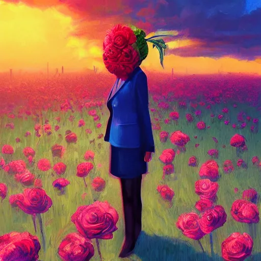 Image similar to closeup, big rose flower head, portrait, girl in a suit, surreal photography, sunrise, blue sky, dramatic light, impressionist painting, digital painting, artstation, simon stalenhag