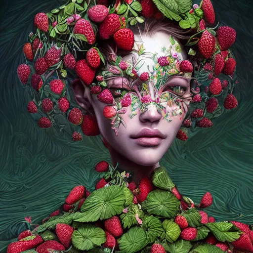 Image similar to the portrait of an absurdly beautiful, graceful, elegant, sophisticated woman made of strawberries and green petals, an ultrafine hyperdetailed illustration by james jean, kim jung gi, irakli nadar, intricate linework, bright colors, octopath traveler, final fantasy, unreal engine 5 highly rendered, global illumination, radiant light, detailed and intricate environment