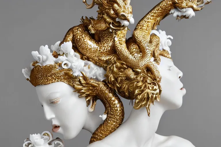 Prompt: full head and shoulders, beautiful female white, porcelain sculpture, with lots of ornate gold leaf 3 d chinese dragons attached to head by daniel arsham and james jean, on a white background, delicate facial features, white eyes, white lashes,