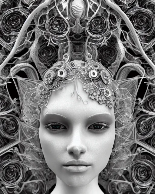 Image similar to mythical dreamy black and white organic bio - mechanical spinal ribbed profile face portrait detail of translucent steampunk beautiful female angelic - human - queen - vegetal - cyborg, highly detailed, intricate crystal ivy jelly ornate, poetic, translucent roses ornate, 3 d render, digital art, octane render, 8 k artistic photography, photo - realistic, by dora maar