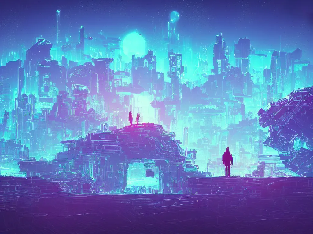 Image similar to synthwave landscape of a lone traveler walking towards a distant cyberpunk castle, complex, cyberspace, grid, holographic, virtual, night, wireframe, by Anton Fadeev, by Alena Aenami, by Paul Lehr, wide angle, highly detailed, cinematic, Blue and Green color scheme