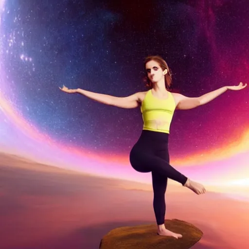 Image similar to emma watson as yoga instructor in space, trending high quality art station, cinematic shot, magical colors and atmosphere, perfect composition, coherent, 8 k