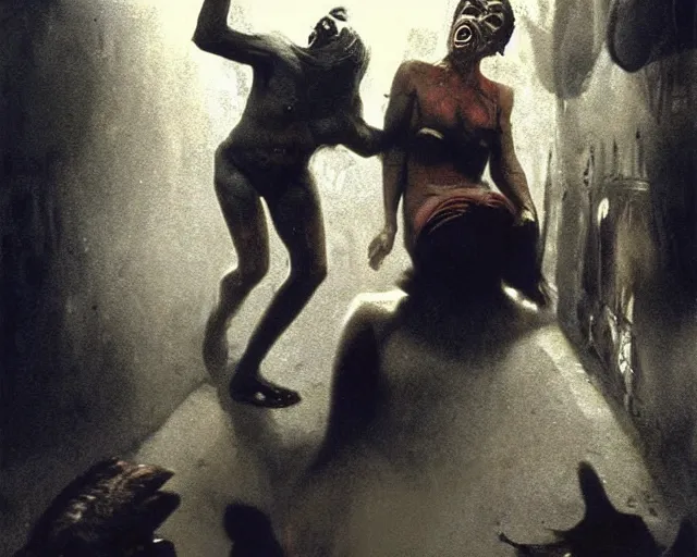 Image similar to underground carnival scene from a 7 0's movie by chris cunningham, kenneth anger and alejandro jodorowsky : : actor pulling an actress out of an animal's mouth : : ultra realistic, concept art, highly detailed by greg rutkowski, craig mullins, simon bisley