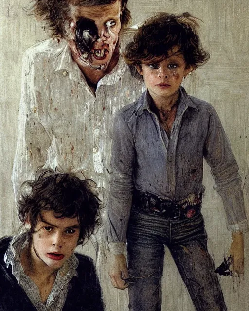 Image similar to two handsome but creepy siblings in layers of fear, with haunted eyes and wild hair, 1 9 7 0 s, seventies, wallpaper, a little blood, moonlight showing injuries, delicate embellishments, painterly, offset printing technique, by coby whitmore, jules bastien - lepage