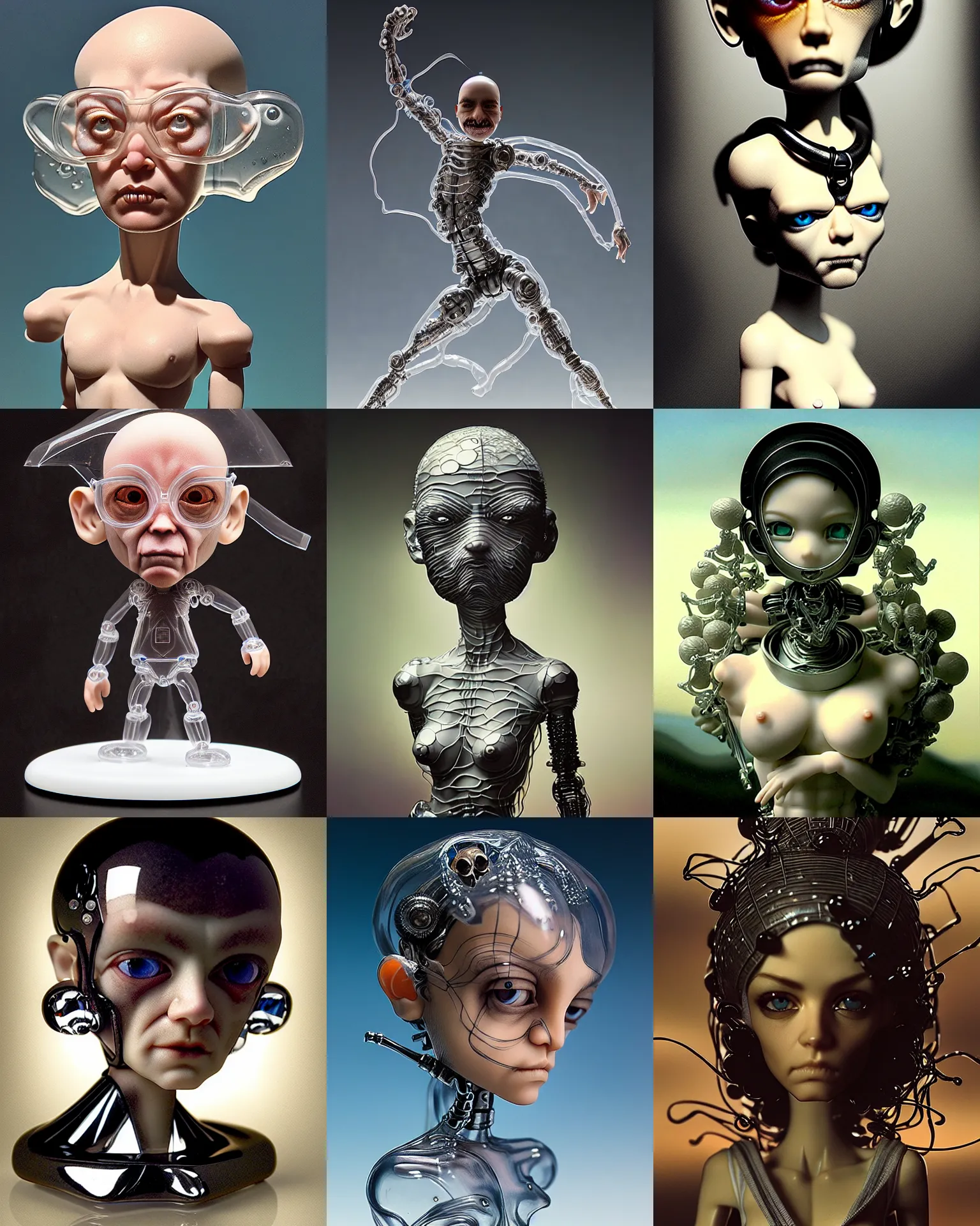 Prompt: transparent plastic nendroid floating in the wind, funny fantasy characture portrait, ultra realistic, cinematic, cinematic, wide angle, intricate details, cyborg, highly detailed by caravaggio, aaron horkey, boris vallejo, wayne barlowe, craig mullins, roberto ferri,