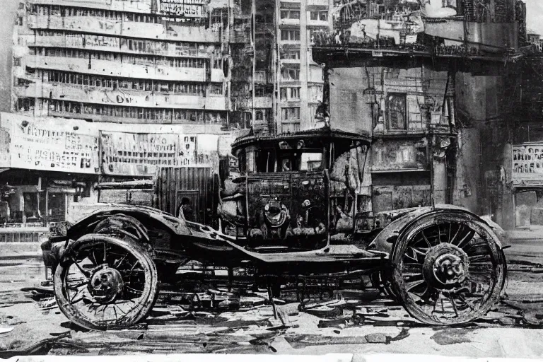 Prompt: cyberpunk 1 9 0 8 model ford t by paul lehr, jesper ejsing, metropolis, parked by view over city, vintage film photo, damaged photo, scratched photo, scanned in, old photobook, silent movie, black and white photo