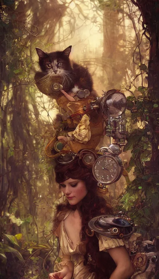 Image similar to hyper realistic photographer taking a picture of a cat, magical, steampunk, painted by tom bagshaw, mucha, gaston bussiere, craig mullins, j. c. leyendecker 8 k