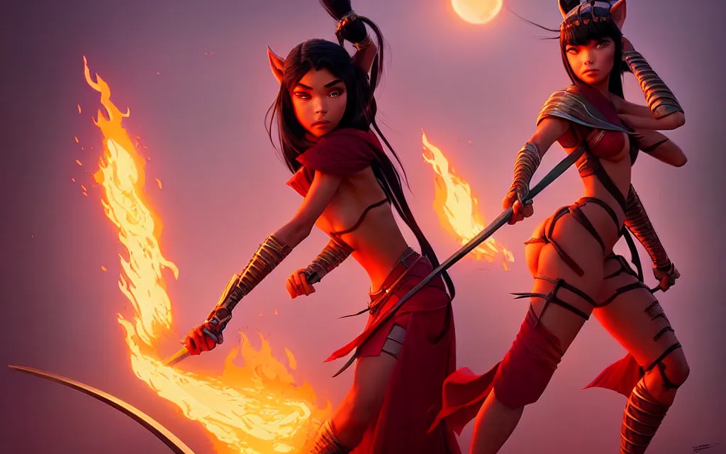 Image similar to weta disney pixar epic movie pinup shot of madison beer as samurai warrior catgirl by pixar : : flames : : by weta, greg rutkowski, wlop, ilya kuvshinov, rossdraws, artgerm, marvel, unreal engine, bright morning, anime