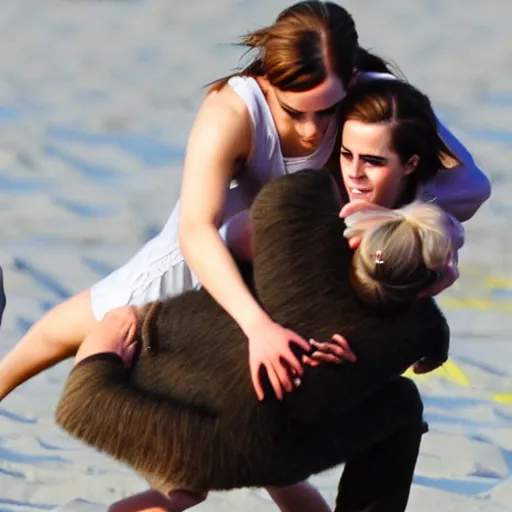 Image similar to emma watson grappling sasquatch to the ground, blurry focus