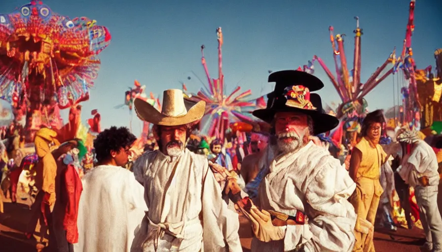 Image similar to movie still by alejandro jodorowsky of a carnival in the desert, cinestill 8 0 0 t eastmancolor technicolor, high quality, very detailed, heavy grain, fine facial features, 8 k, octane render