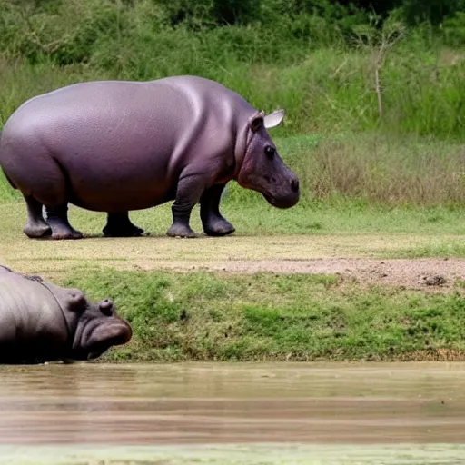 Prompt: Hippo stares down tank