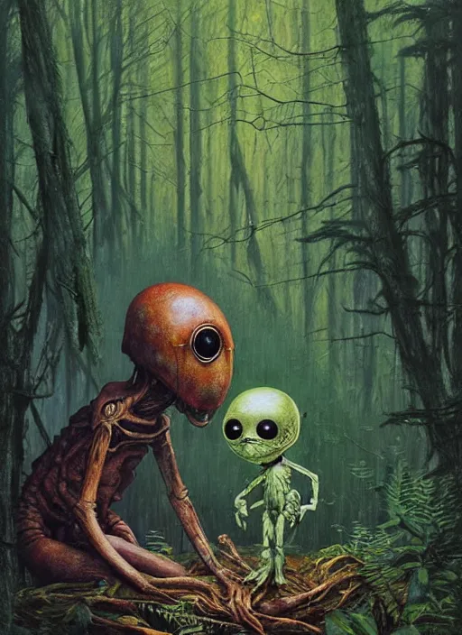 Image similar to cuddly friendly alien in the woods by a river gorgeous lighting, lush forest foliage blue sky a hyper realistic painting by chiara bautista and beksinski and norman rockwell and greg rutkowski, weta studio, and lucasfilm