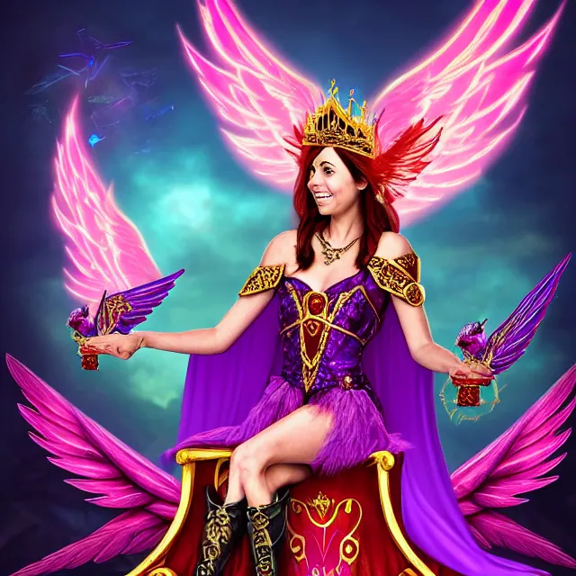 Image similar to Princess sorceress with red flaming bird wings on her back and sitting on an ornate throne dressed in a fancy purple dress, beautiful realistic face similar to aubrey plaza, Fantasy, Full Portrait, High detail, realistic, planeswalker