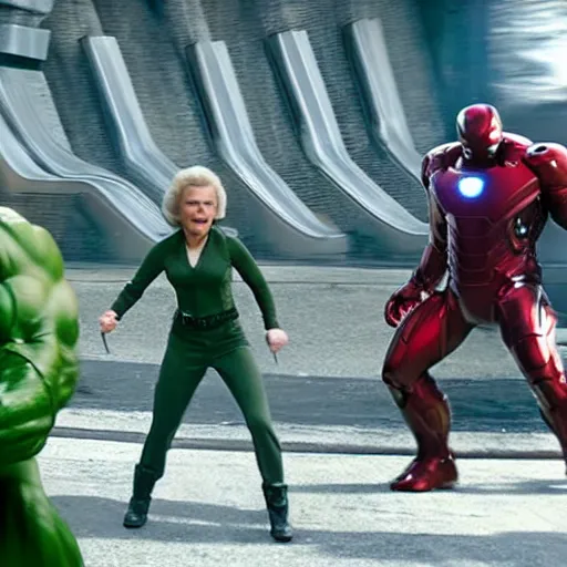 Prompt: Avengers Movie with Betty White as the HULK, action sequence, action shot, fluid, kinetic, frenetic, grandmotherly, 8K, 4K, action shot, movie still, cinematic