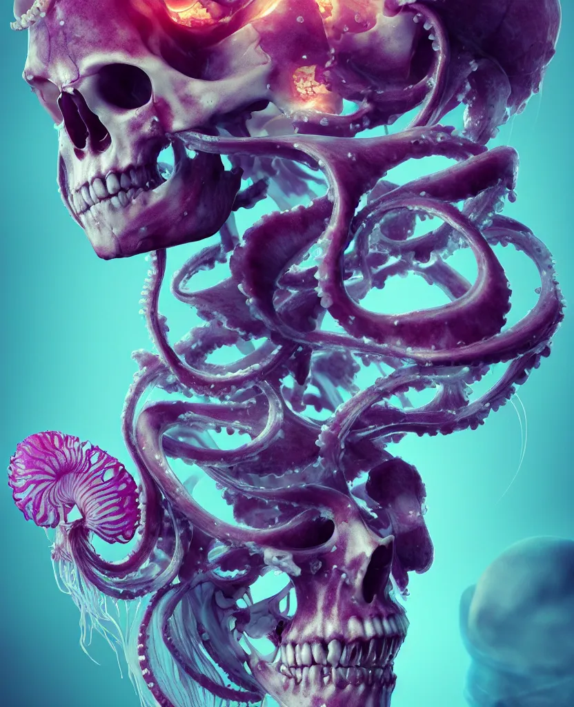 Image similar to symmetry!! goddess close - up portrait human skeleton, ram skull, squid phoenix jellyfish, orchid, betta fish, bioluminiscent, intricate artwork by tooth wu and wlop and beeple. octane render, trending on artstation, greg rutkowski very coherent symmetrical artwork. cinematic, hyper realism, high detail, octane render, 8 k