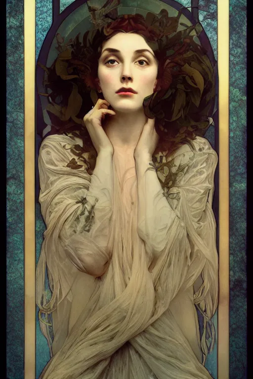 Image similar to an esoteric woman, blending into dust with a beautiful face!!! cinematic lightning, isolated, studio lighting by alphonse mucha and tom bagshaw