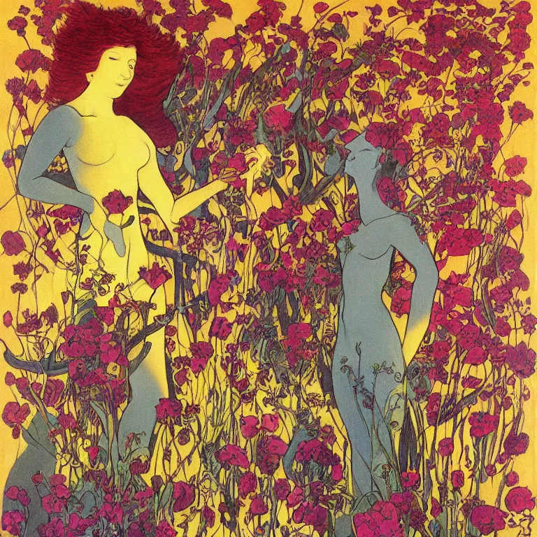 Prompt: Red-haired girl, androgynous appearance, standing in flowers, golden background Stanisław Szukalski and Roger Dean