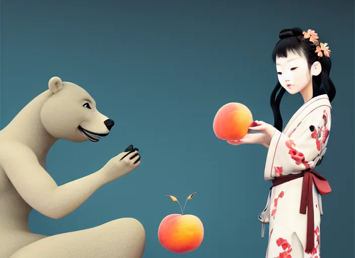Image similar to a girl wearing a kimono giving a peach to a large anthropomorphic asian black bear, featured in artstation, artgerm, octane render, award winning, cinematic, elegant, intricate, 8 k, in the style of heikala and timothy kong and laia lopez and viorie,