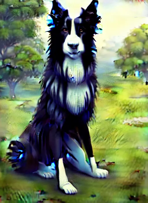 Image similar to wide angle beautiful full body portrait of a cute male anthropomorphic anthro border collie posing in front of a park, character design by charlie bowater, henry asencio, and ross tran, furry art, furaffinity, beautiful, glamor pose, detailed, aesthetic, trending on artstation