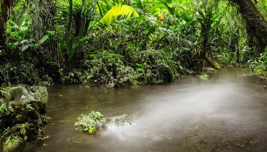 Image similar to a rainy foggy jungle, river with low hanging plants, there is a giant coral colored octopus in the water, great photography, ambient light