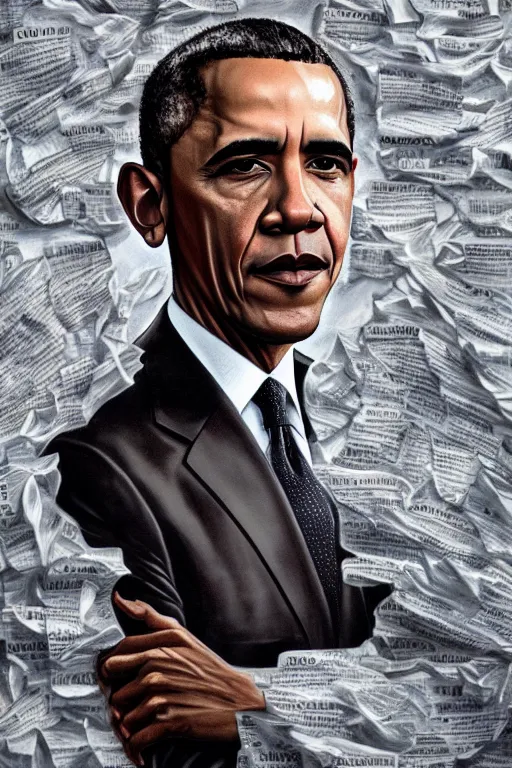 Prompt: obama standing next to a mountain made of papers, oil on canvas, intricate, portrait, 8 k, detailed, hdr, cgsociety