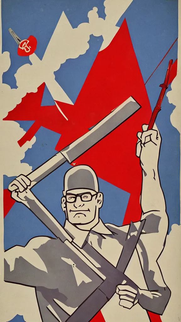 Prompt: Hank Hill holding a hammer and sickle, highly detailed Soviet propaganda poster, by Mikhail Balhjasnij