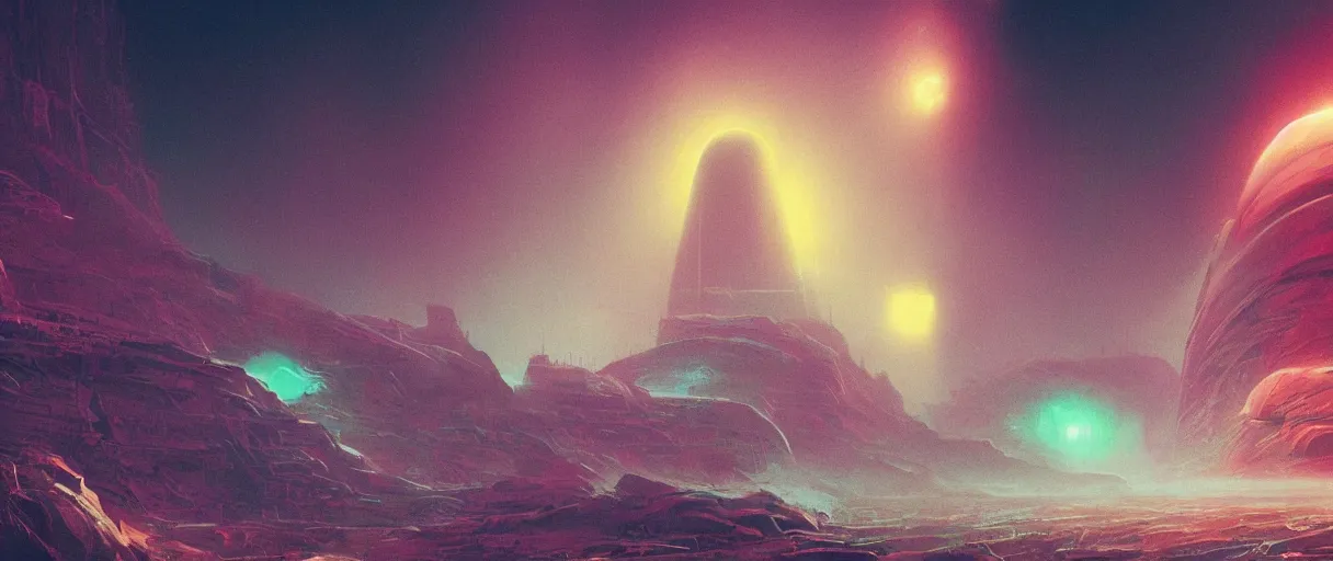 Image similar to (((neon palette))), humanity industrial!!! spaceship!!, deep space exploration!!!, ridley scott universe, mysterious, ultrarealistic, illustrative!!, apparent brush strokes, hyperdetailed, cinematic lighting, 4k, wide angle, trending on artstation, beksinski, design by moebius
