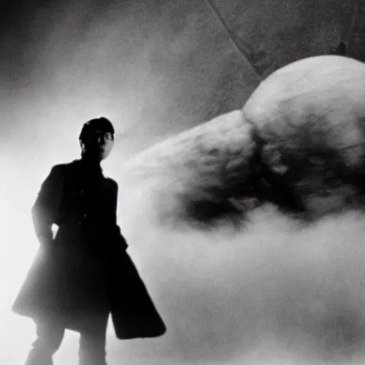 Prompt: Kaiju Starro, fog, Ishirō Honda, vintage movie shot, Orson Welles, fog, night, missile explosions